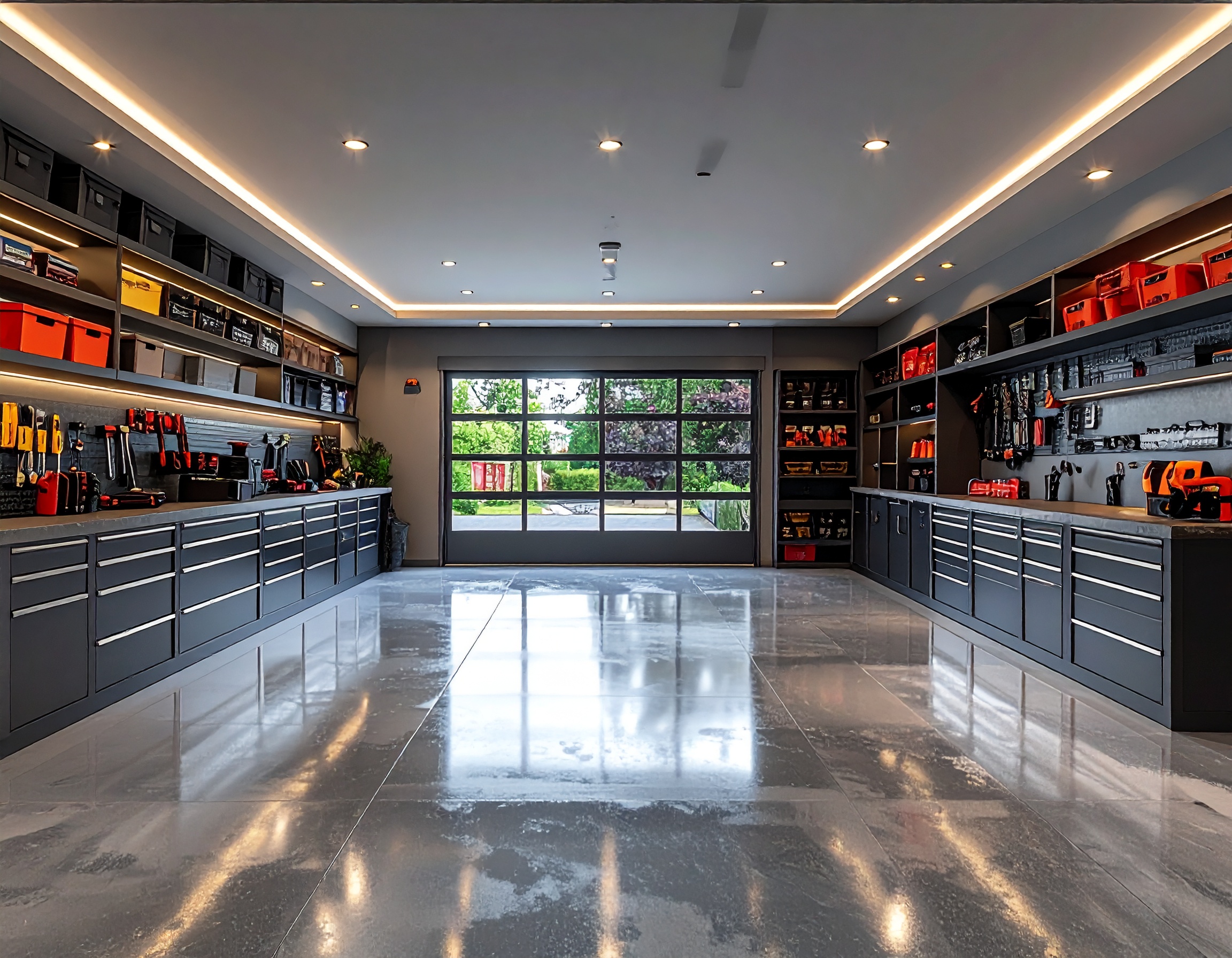 Custom storage solutions and epoxy flake floor