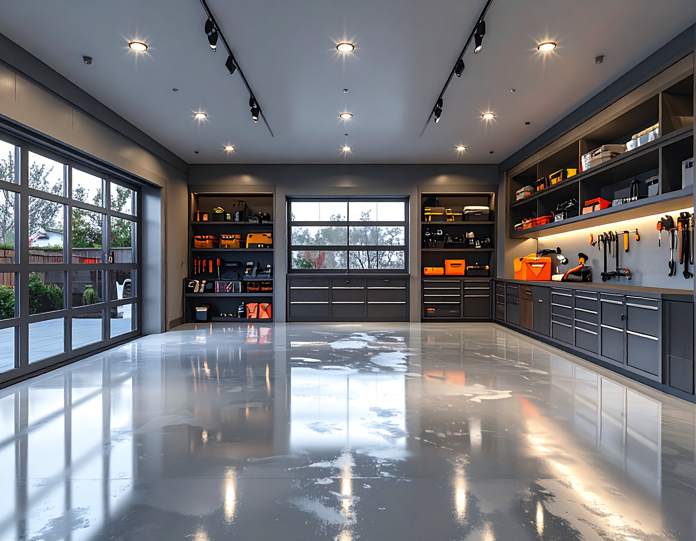 Spacious garage with epoxy floor and integrated cabinetry