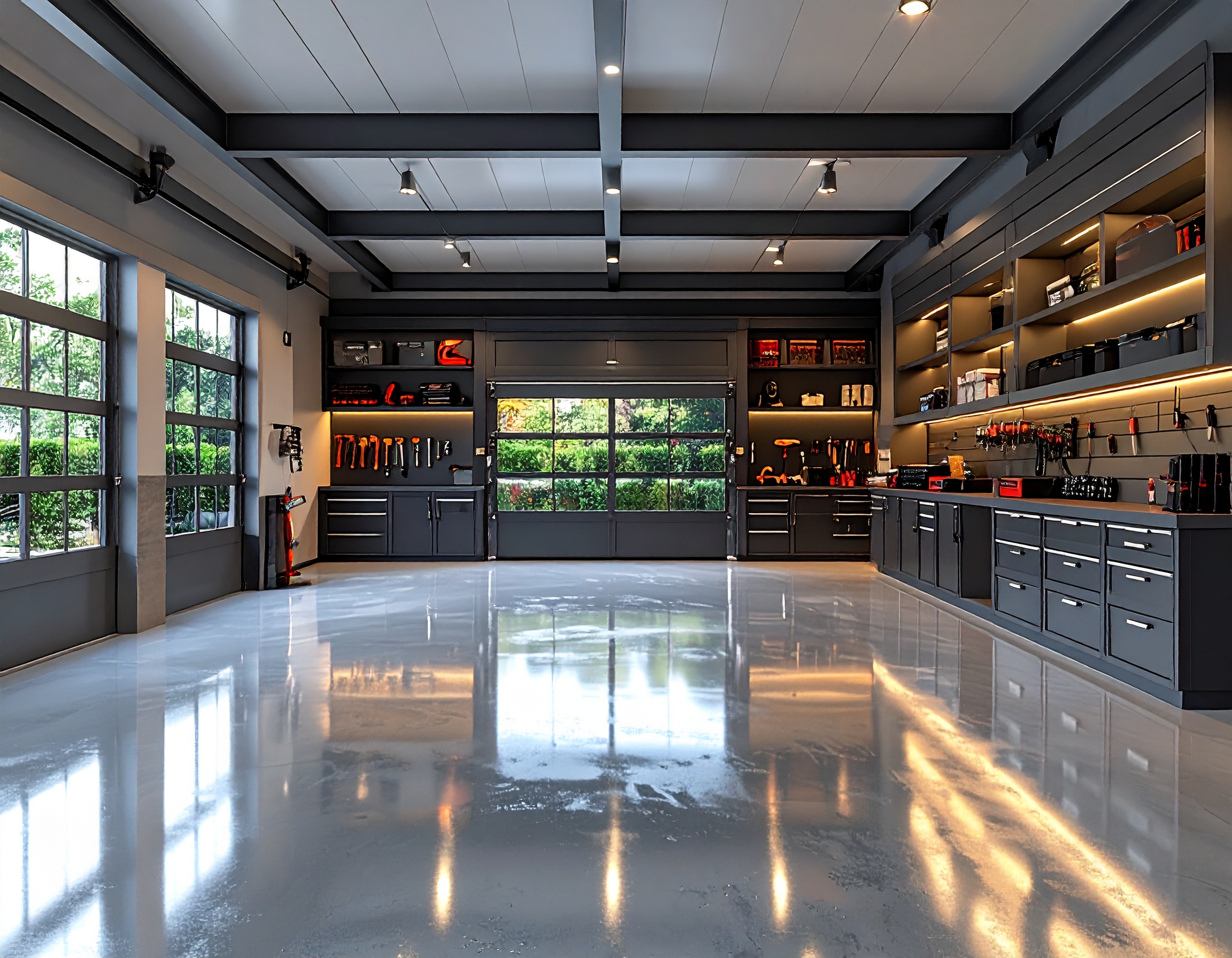 Showroom‑style garage with glossy epoxy and long tool bench