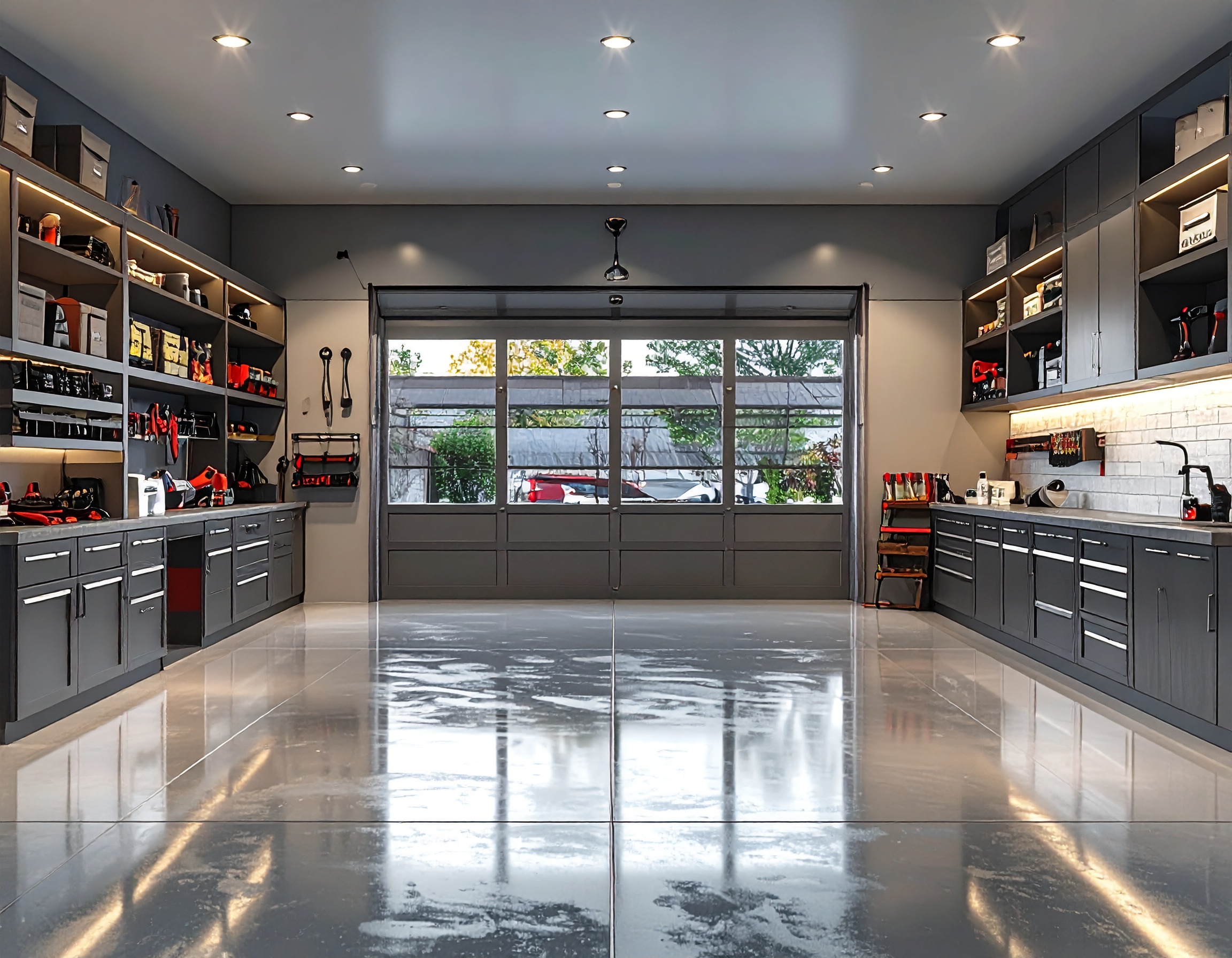Garage with glass doors, epoxy floor and wall storage