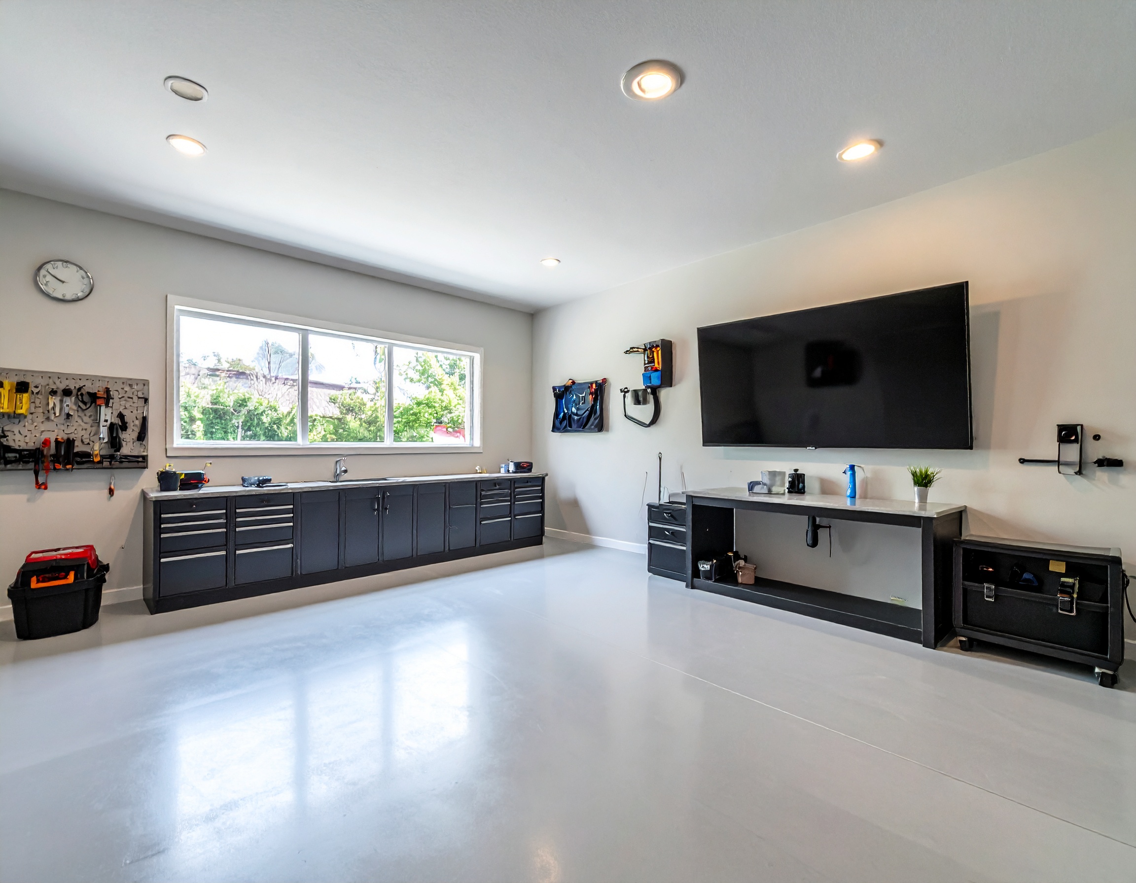 Garage workspace with epoxy floor, cabinetry, wall‑mounted TV, sink and storage solutions
