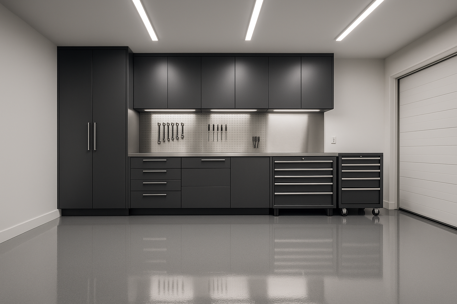 Polished epoxy floor garage with premium dark cabinetry and tool storage